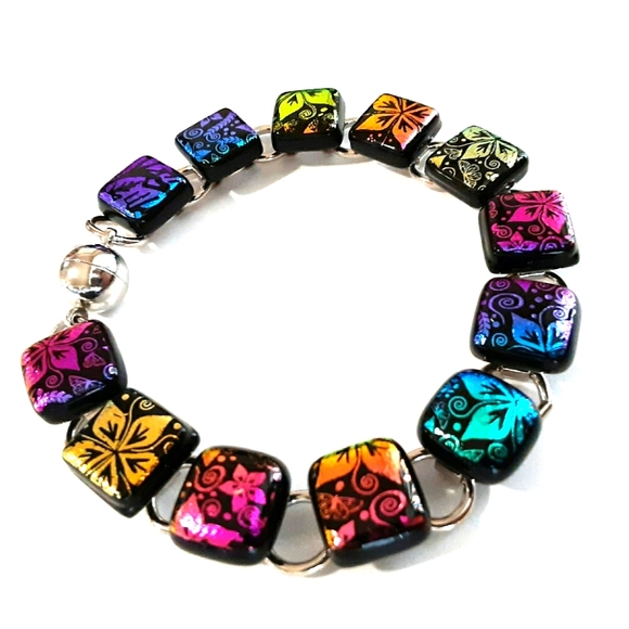 7 1/2" - 8" Dichroic Fused Glass Link Bracelet ~ Floral - Picture 1 of 2